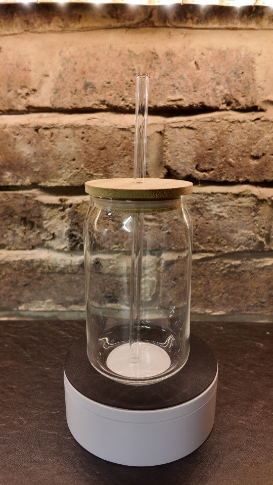 Custom Glass Can Cup with Bamboo Lid and Glass Straw